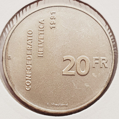 1927 Elvetia 20 francs 1991 Swiss Confederation km 70 argint foto