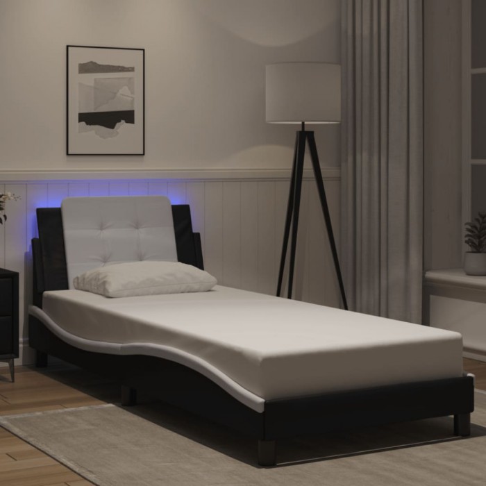 Cadru de pat cu lumini LED negru/alb 90x200 cm piele ecologică