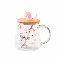 Cana din sticla cu capac din bambus Pufo World of Unicorns, pentru cafea sau ceai, 350 ml, transparent