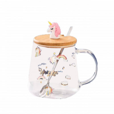 Cana din sticla cu capac din bambus Pufo World of Unicorns, pentru cafea sau ceai, 350 ml, transparent foto