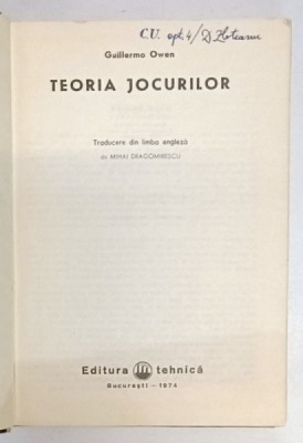 TEORIA JOCURILOR de GUILLERMO OWEN , 1974 *MINIMA UZURA foto