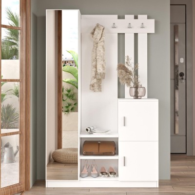 Cuier cu pantofar Fistik cu oglinda si 2 compartimente, Alb, 114 x 180 x 35 cm foto