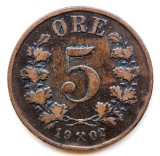 Norvegia 5 ORE 1902 moneda bronz km # 349 tiraj mic rara regele OSCAR II
