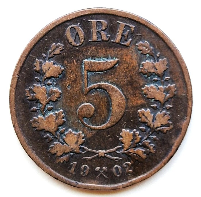Norvegia 5 ORE 1902 moneda bronz km # 349 tiraj mic rara regele OSCAR II