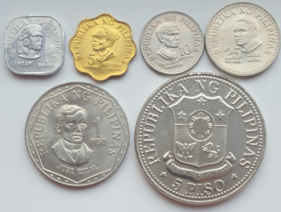 Set 6 monede Filipine 1, 5, 10, 25 sentimo, 1, 5 Piso 1975 - 1982 UNC - A023 foto