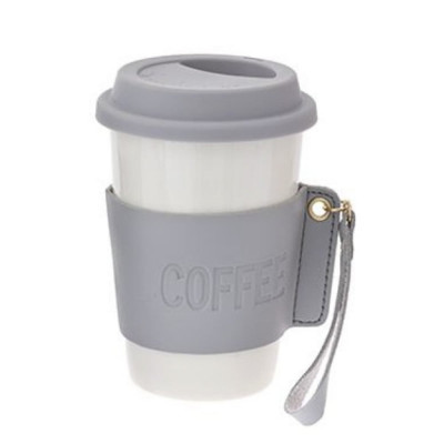 Cana de voiaj Pufo Love Coffee din ceramica cu protectie termica pentru cafea sau ceai, 415 ml, alb/gri foto