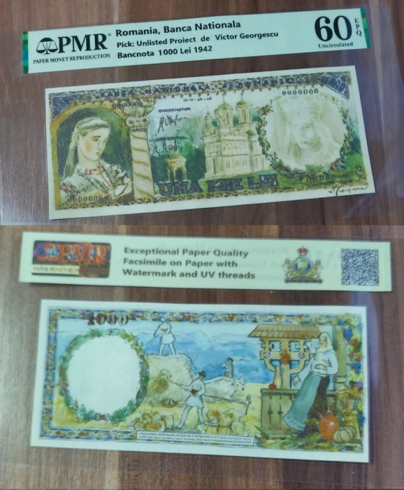 REPRODUCERE pe hartie cu filigran si fire UV proiect bancnota 1000 lei 1942