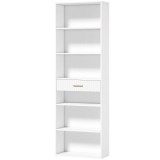 HOMCOM Bibliotecă verticală &icirc;naltă cu 7 polițe, 6 cuburi și sertar din lemn, 60x24x182 cm, Alb | Aosom Romania