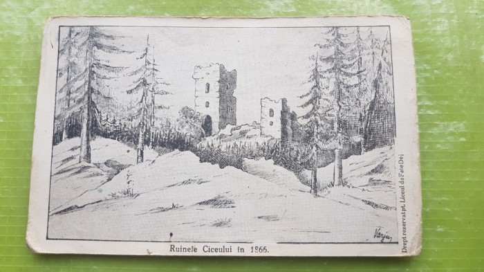 F969F-I-RUINELE CICEULUI 1866-Liceul de Fete Dej- Romania-Ferdinand-carte postala veche 1928,dupa grafica semnata Varju, probabil de eleva din Liceu.