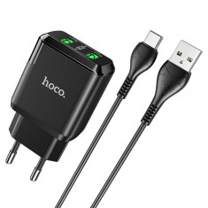 Incarcator Priza 2xUSB-A, 18W, 3A + Cablu Type-C 1m, Hoco Charmer (N6), Black