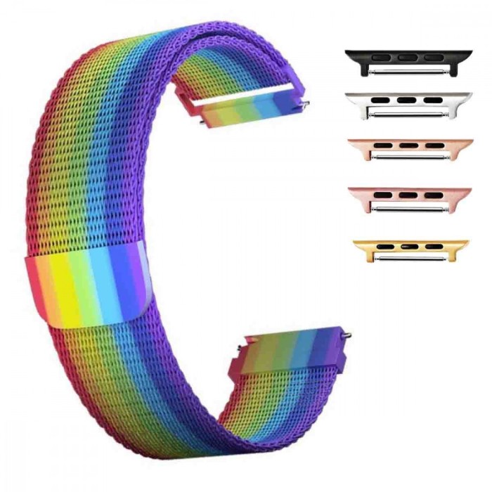 Curea otel, Milanese Loop Slim, compatibila cu Apple Watch 10, 46mm, Rainbow