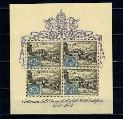 Vatican 1952 - Centenarul primului timbru emis de Statul Papal, bloc neuzat foto