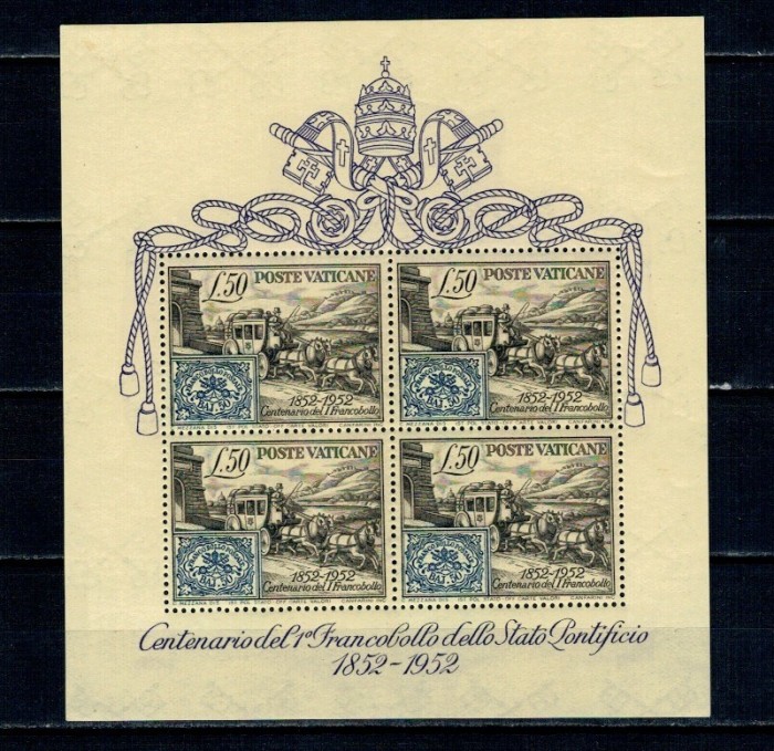 Vatican 1952 - Centenarul primului timbru emis de Statul Papal, bloc neuzat