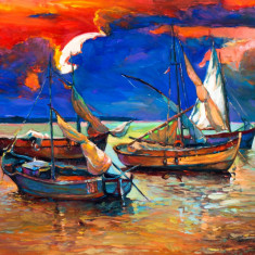 Tablou canvas Barci, pescar, mare, apus soare, 90 x 60 cm