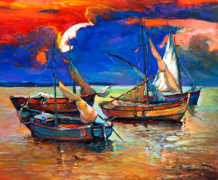 Tablou canvas Barci, pescar, mare, apus soare, 90 x 60 cm