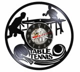 Ceas de perete decorativ realizat din disc de vinil, Model Tenis de Masa Ping-Pong cu Jucatori, Palete si Mingi, Text Table Tennis, Negru, 30 cm