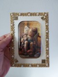 Felicitare vintage 3D M.J. HUMMEL West GERMANY, copil care doarme in scaun cu jucarie in mana, 15x10xm