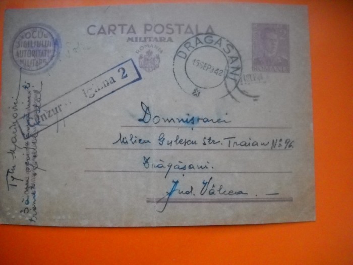 HOPCT CARTE POSTALA NR 514 Z CENZURAT TIGHINA BASARABIA - ANUL 1942 / TIMBRUL FIX REGELE MIHAI - -CIRCULATA