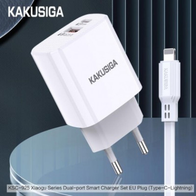 Incarcator Retea KAKUSIGA KSC - 925, PD 20W + QC 3.0 + Cablu de incarcare Apple Lightnng, Alb Blister foto