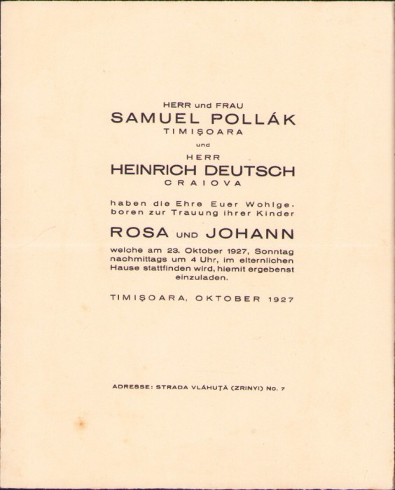 HST A1471 Invitație nuntă 1927 Timișoara familia Pollak - Deutsch Craiova