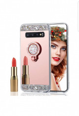 Husa silicon oglinda , inel si pietricele Samsung Galaxy S10 Plus , S10 + , Roz foto