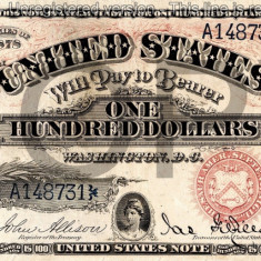 100 dolari 1878 Reproducere Bancnota USD , Dimensiune reala 1:1