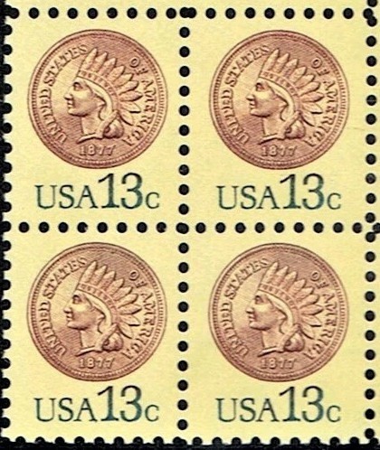 SUA 1978 - Uzual 13c, Indian Head penny, bloc de 4 neuzat