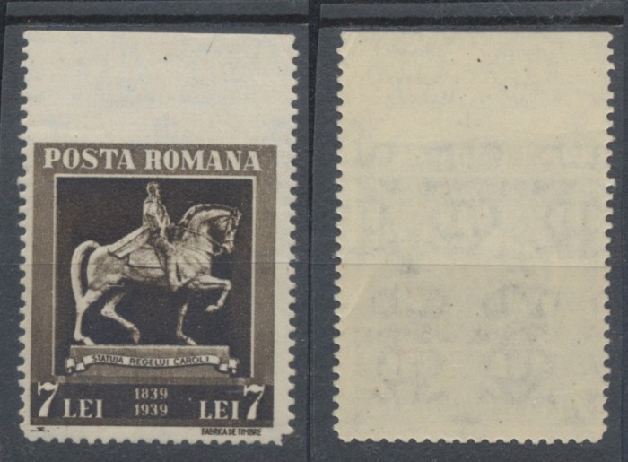 ROMANIA 1937 Centenar Carol I eroare timbru 7 lei nedantelat sus nestampilat MNH