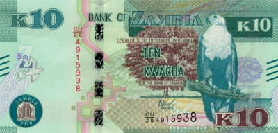 ZAMBIA █ bancnota █ 10 Kwacha █ 2020 █ P-58 █ UNC █ necirculata foto