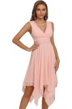Rochie Ever-Pretty 03142 pentru femei, cu decolteu dublu &icirc;n V, fără m&acirc;neci, talie &icirc;naltă, fald asimetric, din chiffon, midi, pentru domnișoare de onoa