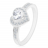 Inel de logodnă din argint 925 - inimă transparentă, contur și brațe strălucitoare - Marime inel: 53
