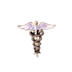 Brosa unisex model caduceus de culaore alba cu auriu foto