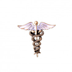 Brosa unisex model caduceus de culaore alba cu auriu