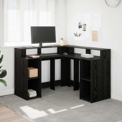 vidaXL Birou cu raft Stejar negru 130 x 130 x 91 cm Lemn compozit 3365617 foto