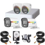 Sistem supraveghere Hikvision ColorVu, 2 x camere exterior 2MP Lumina Alba 20m Audio, 2 x camere interior 2MP Lumina alba 20m Audio, DVR 4 canale 2MP,