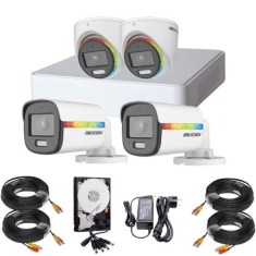 Sistem supraveghere Hikvision ColorVu, 2 x camere exterior 2MP Lumina Alba 20m Audio, 2 x camere interior 2MP Lumina alba 20m Audio, DVR 4 canale 2MP,