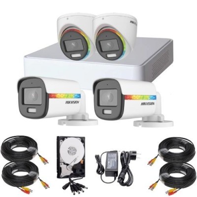 Sistem supraveghere Hikvision ColorVu, 2 x camere exterior 2MP Lumina Alba 20m Audio, 2 x camere interior 2MP Lumina alba 20m Audio, DVR 4 canale 2MP, foto