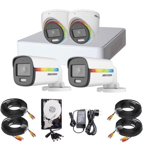 Sistem supraveghere Hikvision ColorVu, 2 x camere exterior 2MP Lumina Alba 20m Audio, 2 x camere interior 2MP Lumina alba 20m Audio, DVR 4 canale 2MP,