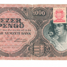 Bancnota Ungaria 1000 pengo 15 iulie 1945, varianta cu timbru, stare buna