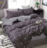 Cumpara ieftin Lenjerie Pat Bumbac 4 Piese cu Elastic Gri Negru 140x200 cm (Single)