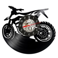 Ceas de perete decorativ Motocicleta Enduro / Cross, realizat din disc de vinil upcycled, model Moto Off-Road, negru, 30 cm