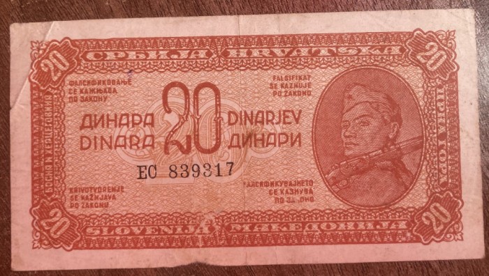 B11 49 - Bancnota foarte veche - Fosta Jugoslavia - 20 dinarI - 1944