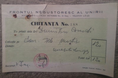 Chitanta Frontul Negustoresc al Unirii, Bucuresti 1936 foto