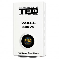 Stabilizator tensiune 300W 230V cu 2 iesiri Schuko si sinusoidala pura + ecran LCD si cleme prindere in perete, TED Electric