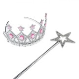 Set Baghetă și Tiara, Argintie, Cu Pietre Roz, 34 cm și 8 cm, Plastic, Oem