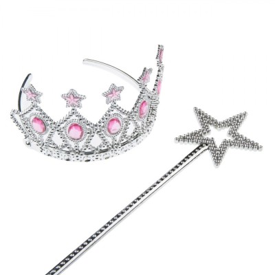 Set Baghetă și Tiara, Argintie, Cu Pietre Roz, 34 cm și 8 cm, Plastic foto