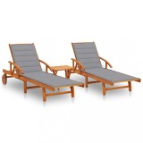 Set 2 Șezlonguri Lemn Acacia vidaXL cu Masă &amp; Perne Gri, Pliabile, Reglabile, Exterior/Gradina 199cm