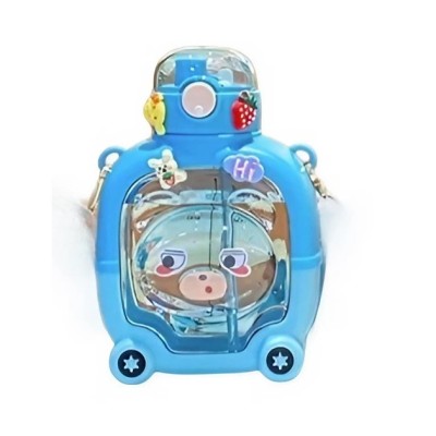 Sticla cu pai pentru copii, flippy, model ursulet, gradata, stickere aplicate, curea reglabila, din plastic rezistent la cadere, 1l, albastru, 20 x 13 foto