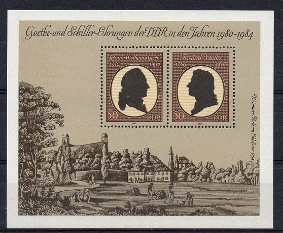 s3 - Germania DDR 1982 - Goethe si Schiller, colita neuzata,perfecta stare(z)