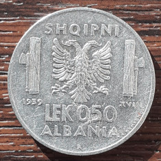 (M2567) MONEDA ALBANIA - 0.5 LEK 1939, OCUPATIE ITALIANA, TIRAJ 100.000 BUC, RAR